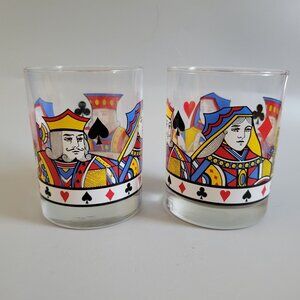 Libbey King & Queen Set Of 2 Vintage Playing Card Theme Lowball Glasses